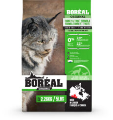 Boréal Original Turkey & Trout Cat Food with Canadian-sourced turkey and trout, low-GI ingredients, and essential amino acids for optimal health. Available at our pet store in Portage la Prairie.