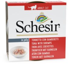 Discover Schesir Tuna with Prawns in Gelatin at GPS Pet Palace in Portage la Prairie. This 100% natural, premium cat food combines high-quality tuna and prawns in a delicious gelatin. No artificial colorings, additives, or preservatives. Available in 85g cans.