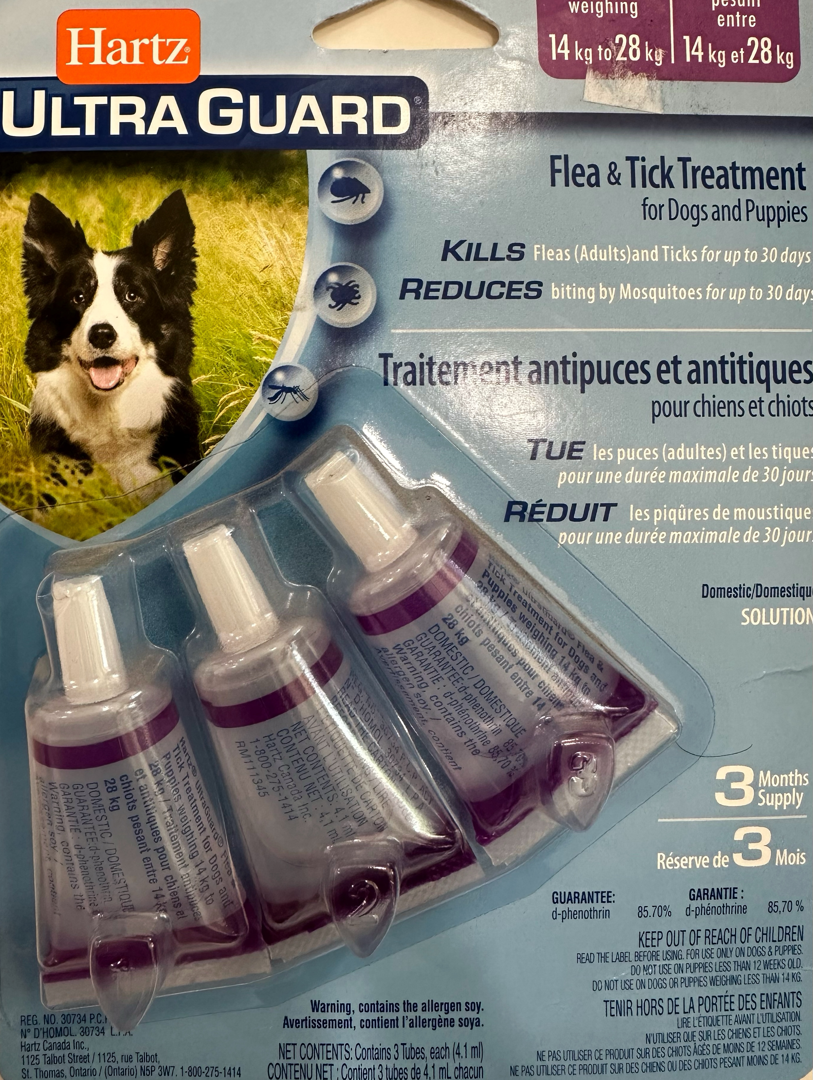 Ensure your dog stays protected with Hartz Ultraguard Flea & Tick Treatment, tailored for dogs and puppies weighing between 14kg and 28kg in Portage la Prairie, Winnipeg, Brandon, Selkirk, and Steinbach, Manitoba. Scientifically formulated, this treatment is proven effective against fleas and ticks, providing up to 30 days of protection. It also reduces mosquito bites, keeping your pet comfortable and safe.