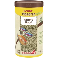 Feed your fish Sera Vipagran Nature, soft granules with 4% insect meal for middle water layer feeders. Promotes healthy growth and strong development with natural ingredients and prebiotics.