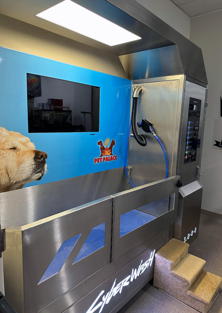 Automatic dog wash machine at GP's Pet Palace, designed for gentle and thorough pet grooming sessions.